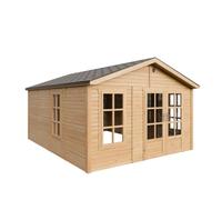 TIMBELA M736A Abri de Jardin en Bois 370 x 480 cm, Cabanon Extérieur avec 3 Fenêtres en Verre Trempé, Portes Doubles Vitrées, Bardeaux Bitumés, Grande Cabane sans Plancher