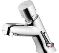 Timed washbasin mixer with temperature control