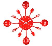 Timelike Horloge de Cuisine Effet Miroir avec cuillère, Fourchette, Autocollant Amovible en 3D pour la décoration de la Maison (Rouge)