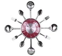 Timelike Horloge murale en métal de 45,7 cm - Couverts de cuisine - Cuillère - Fourchette - Horloge murale créative et moderne - Décoration d'intérieur - Style antique - Rouge