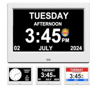 TIMEMOON Réveil avec jour et date pour personnes âgées Calendrier numérique Cadre photo Affichage automatique à intensité variable 15 options d'alarme (17,8 cm, blanc)
