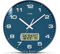 TIMESS Horloge murale, cadran de 33 cm, sans tic-tac, silencieuse, à piles, analogique avec écran LCD pour calendrier perpétuel et température F°, idéale pour la décoration moderne de la maison, du