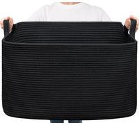 TIMEYARD Panier de rangement rectangulaire extra large de 85 L en corde de coton pour couvertures, oreillers, jouets, vêtements sales tissés pour linge, 60 x 40 x 35 cm, noir