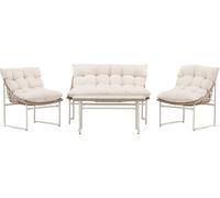Tinasalon 1 table basse, 1 canapé, 2 fauteuils beiges.