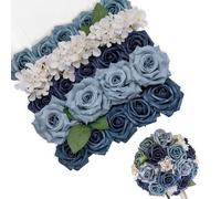 TINGE TIME 23 Pcs Fleur Artificielle Deco Fausses Roses Hortensia Fausse Fleur avec Tige pour Bouquet de Fleurs Artificielles Mariage, Arrangement Floral, Fêtes Maison Décoration (Bleu & Blanc)