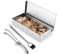TINMIX Boîte de fumage pour griller des copeaux de bois - Chambre de fumée perforée avec brosse à huile en acier inoxydable 304 et pince alimentaire - Accessoire de barbecue pour barbecue au charbon
