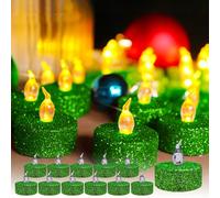 TINYOUTH Lot de 12 bougies chauffe-plat LED vacillantes - Décoration de table - Bougies électriques - Piles incluses - Pour fête de mariage, anniversaire, fiançailles, décoration - Vert scintillant