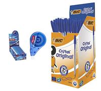 Tipp-Ex Easy Correct Ruban Correcteur - 12 m x 4,2 mm, Boîte de 10 & Cristal Original Ecriture Stylos-Bille Pointe Moyenne (1,0 mm) - Design Fonctionnel - Couleur Bleu, Boîte de 50