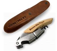 Tire bouchon personnalisé Mabouteille® - Tire bouchon lame en bois avec gravure laser pour message, prenom, slogan… [ Couteau tire bouchon ] (Style Gravure + Etui Cuir)