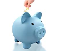 Tirelire bleue en plastique - Jolie tirelire en forme de pièces de monnaie - Petit cochon de change - Pour enfants, garçons, filles et adultes - Taille L