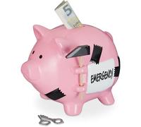 Tirelire Cochon Avec Marteau, Inscription « Emergency », Verrouillable, Céramique, Hlp : 14,5x15,5x20 Cm, Rose - Relaxdays