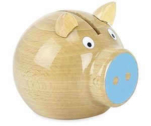 Tirelire Cochon Bois Naturel Vernis Nez Bleu Rigolo pour Enfant Dès 5 Ans | Fabrication française authentique | forme ronde et rigolote | initiation ludique à l'épargne | idée cadeau originale et malin