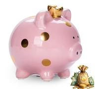 Tirelire cochon chanceux, tirelire pour filles, petite tirelire en céramique 11,8 x 14 x 13,2 cm, princesse, couronne, tirelire pour garçons, filles, adultes, idée cadeau, décoration (rose)
