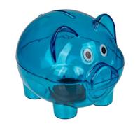 Tirelire cochon en plastique transparent - Tirelire originale de petite taille (10 x 8 x 8 cm) pour enfants avec bouchon - Tirelire légère et résistante (bleu)