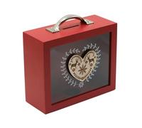 Tirelire Décorative en Bois, Valisette Rouge avec Cœur Gravé, Motifs Hivernaux, Poignée Métallique, 17.5x14.5x7 cm