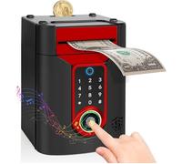 Tirelire Électronique Enfant avec Écran Tactile et Empreinte Digitale, ATM Coffre-Fort Enfant avec Code, Cadeau Rouge Noir