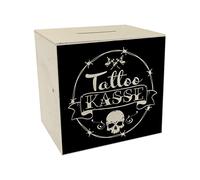 Tirelire en bois avec des motifs de tatouage cool en noir - Caisse de tatouage comme cadeau pour les punks et les amis fous qui aiment se faire tatouer, mais pas toujours l'argent nécessaire