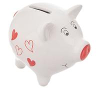 Tirelire en céramique - ORION - Cochon - Motif cœurs - 9x7,5x8 cm - Blanc et rouge - Trou pour récupération - Décoratif