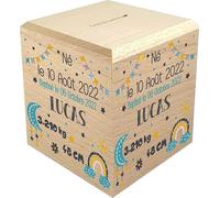 Tirelire Enfant en Bois - Tirelire personnalisée avec prénom - 100% fabriquée en France - Cadeau Noël bébé, Baptême, Cadeau de Naissance (Fanion Bleu)