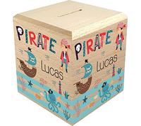 Tirelire Enfant en Bois - Tirelire personnalisée avec prénom - 100% fabriquée en France - Cadeau Noël bébé, Baptême, Cadeau de Naissance (Pirate)