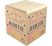 Tirelire Enfant en Bois - Tirelire personnalisée avec prénom - 100% fabriquée en France - Cadeau Noël bébé, Baptême, Cadeau de Naissance (Fanion Rose)