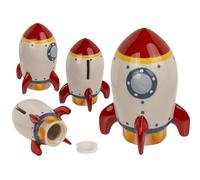 Tirelire fusée décorative en céramique, design spatial, blanc et rouge, avec bouchon, 12,5 x 7 cm, pour épargne des enfants