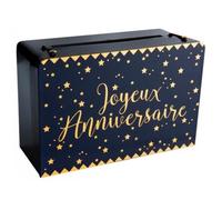 Tirelire - JOUR DE FETE - Joyeux Anniversaire - Bleu marine métallisé - Forme valise rectangulaire - Accents dorés