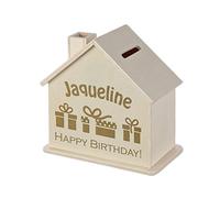 Tirelire Maison avec Gravure Personnalisée - Tirelire en Bois pour Enfant - Cadeau pour Toutes Les Occasions - Happy Birthday