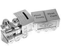 Tirelire personnalisée en forme de train plaqué argent avec dents et boucles - Cadeau de baptême pour garçon ou fille - Cadeau de baptême, souvenir