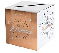 Tirelire urne - Joyeux Anniversaire - Blanc - Rose gold métallique - 20 x 20 x 20 cm