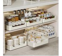 Tiroir Coulissant Cuisine, Panier Coulissant pour Placard de Cuisine,Telescopique Tiroir Cuisine sans Perçage,Blanc,43x30 x7cm