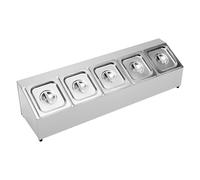 TiryyDrela Étagère À Épices Inox, Boite à Condiments Support Bac, Saladette à Pizza en Acier Inoxydable Alimentaire 5 Bocaux 1,5L, Hermétiques Avec Couvercles, 86X22,5X22Cm