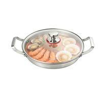 TiryyDrela Poêle En Inox Martelée Titane 32 Cm, Sauteuse Triple Couche Induction, Sans Revêtement Antiadhésive Naturelle, Frire Sauter Mijoter Vapeur, Couvercle Verre 2 Poignées