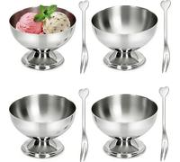 Tissting Lot de 4 Bols à Crème Glacée, 250 ml en Acier Inoxydable Réutilisables avec Pied en Argent, Coupe à Dessert avec Fourchette, Coupe à Milkshake pour Dessert, Yaourt Glacé, Gelato, Décorations