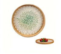 Tissting Plateau Rond en Rotin, 30 x 3cm Plateau de Service Tissé en Rotin, Plateau de Service de Décoration Moderne et Bohème, Assiettes Décoratives Tissées à la Main pour Table Basse de Salle (Vert)