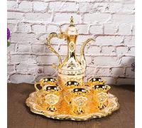 Tissting Théière en Métal Turque Vintage, Theiere Marocaine Théière en Métal avec 6 Tasses et Plateau, Service à Thé Turc en Alliage de Zinc, Décoration Maison Style Rétro pour Cadeau ou Décoration