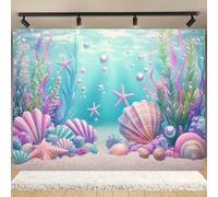 Tissu de fond de paysage marin de sirène - Coquillage rose, étoile de mer, château de conque, décoration de fête sous-marine - Grande bannière thème mariage/anniversaire facile à accrocher, assortimen