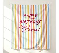Tissu mural personnalisé avec nom Happy Birthday, tapisserie à rayures arc-en-ciel macaron, bannière décorative murale personnalisable pour fête d'anniversaire de fille Autocollant (1 pièce, affiche n