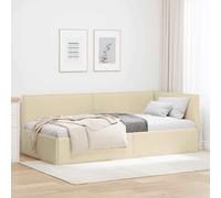 Tissu Respirant Design en L Coin Moderne 90 x 200 cm Crème | Cadre de lit d'angle avec tête de tissu Crème 90x200 cm, lit de jour convertible en canapé pour petit espace, châssis en