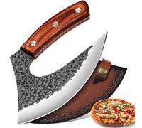 Tivoli Couteau pizza acier carbone fait main | Lame courbée avec étui cuir pour pizza, pain et préparation en cuisine ou BBQ.