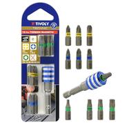 TIVOLY - Lot de 11 Embouts de Vissage TORSION Magnétiques (PH-PZ-TX) + 1 Porte-Embout Quick-Change