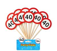 Tiwoca Décoration d’anniversaire 40 ans - 12 Piques de fête rouges et blanches à motif de panneau de signalisation « 40 » - Déco originale et idées cadeaux drôles pour homme ou femme