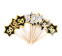 Tiwoca Décoration d’anniversaire 50 ans - 12 piques de fête noirs et or design élégant avec le chiffre « 50 » - Déco originale et idées de cadeaux raffinées pour homme ou femme