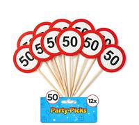 Tiwoca Décoration d’anniversaire 50 ans - 12 Piques de fête rouges et blanches à motif de panneau de signalisation « 50 » - Déco originale et idées cadeaux drôles pour homme ou femme