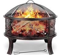 TLGREEN Brasero Extérieur pour Jardin, Foyer Stable Ø 71 x 65 cm | Outdoor Fire Pit avec Protection Anti-étincelles, Tisonnier, 4 PCS Pied, pour Plage, Terrasse, Look rétro, Motif Floral Herbe