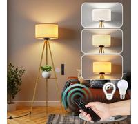 TLGREEN Lampadaire Trépied avec Étagères,Dimmable,3 Températures de Couleur | Lampadaire LED,Lampadaire avec Abat-Jour en Lin,3PCS Pied de Support,Télécommande,pour Salon,Chambre,Bureau,avec E27 Ampoule