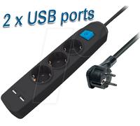 TME NV56-10L - Bloc multiprise, triple, 2 x USB, noir, 10 m