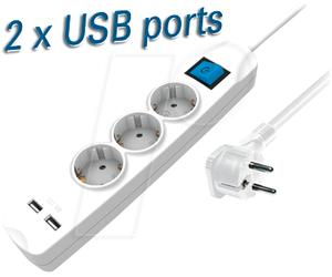 TME NV56-3WL - Bloc multiprise, triple, 2 x USB, blanc, 3 m