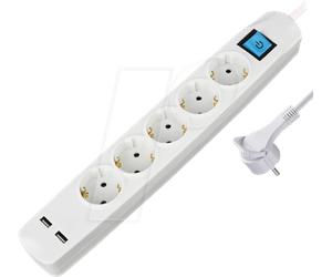 TME NV58-1,5WL - Bloc multiprise 5 prises, 2 x USB, blanc, 1,5 m