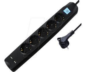 TME NV58-5L - Bloc multiprise 5 prises, 2 x USB, noir, 5 m